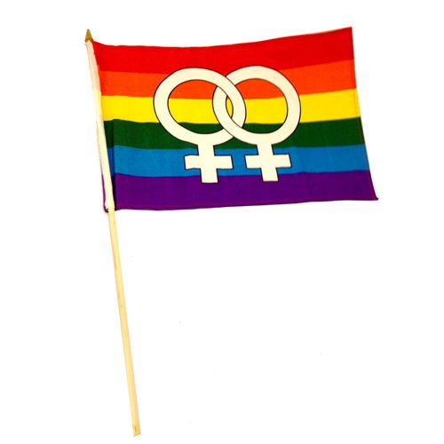 Regnbågsflagga på pinne med kvinnomärke